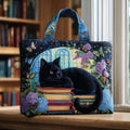 Black Cat on Books - Quilted Tote Bag