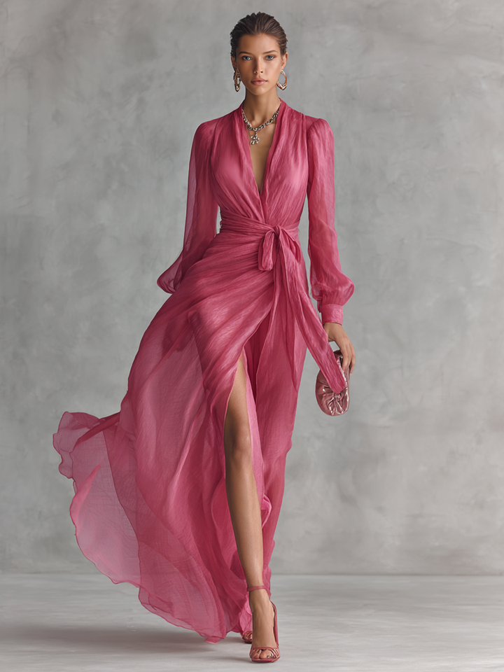 Pink Chiffon Dress V-Neck