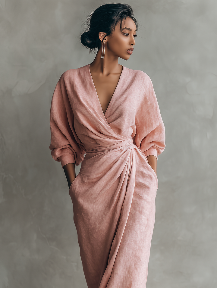 Pink Linen Maxi Dress V-Neck