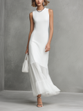 Elegant White Sleeveless Dress for Women with Milk Silk and Chiffon Panels