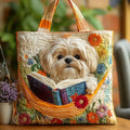 Shih Tzu with Books and Flowers - Quilted Tote Bag
