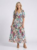 Eulalie | V-Neck Short Sleeve Gathered Waist Midi Dress