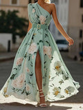 Sella - Ruched One Shoulder A-Line Maxi Chiffon Dress