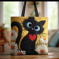 Black Cat with Daisy - Quilted Tote Bag