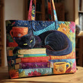 Black Cat with Books and Mug - Quilted Tote Bag