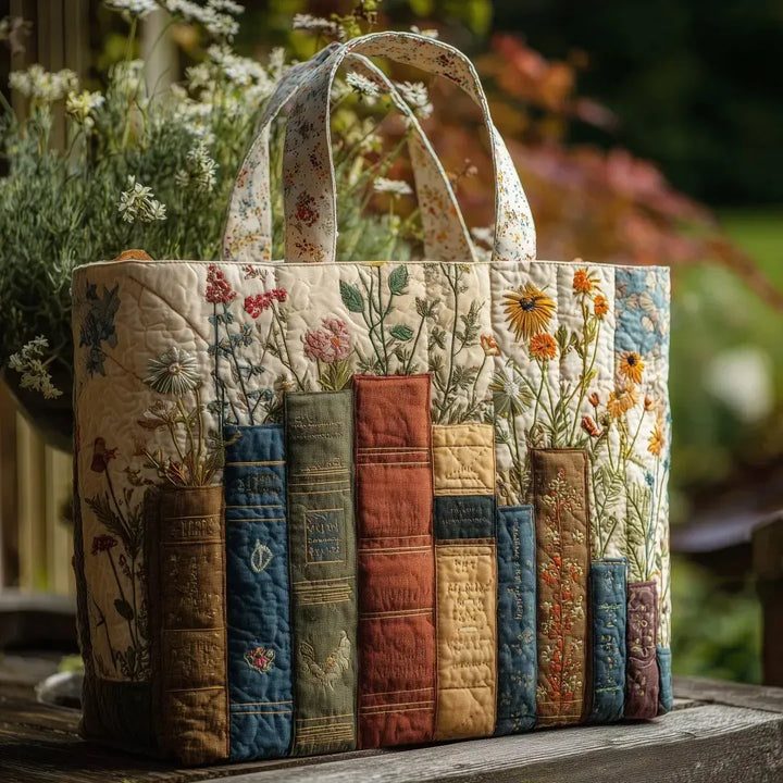 Books and Flowers - Quilted Tote Bag