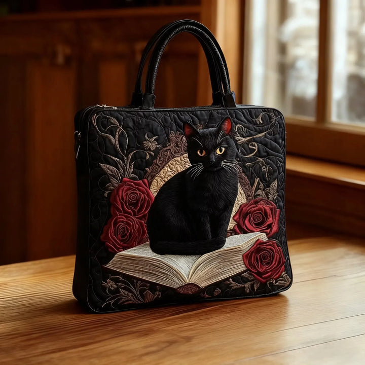 Black Cat on Books - Quilted Tote Bag