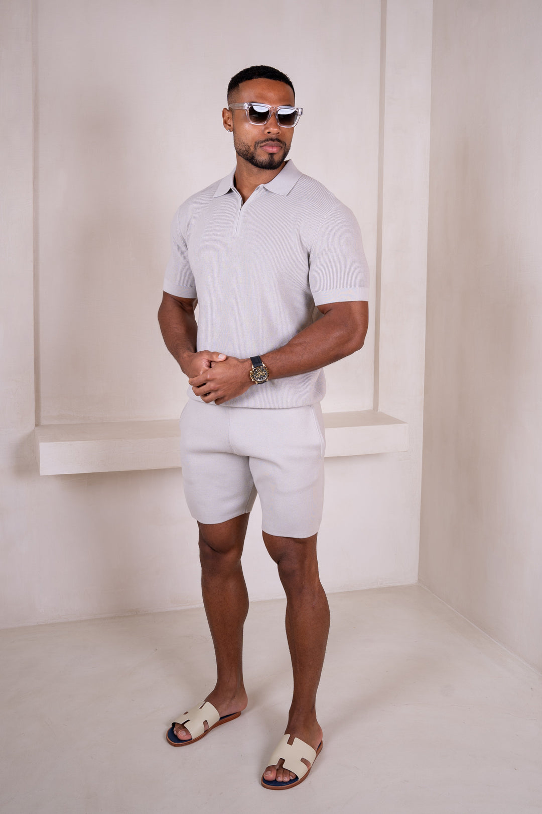 Premium Ribbed Knitted Polo Set - Grey