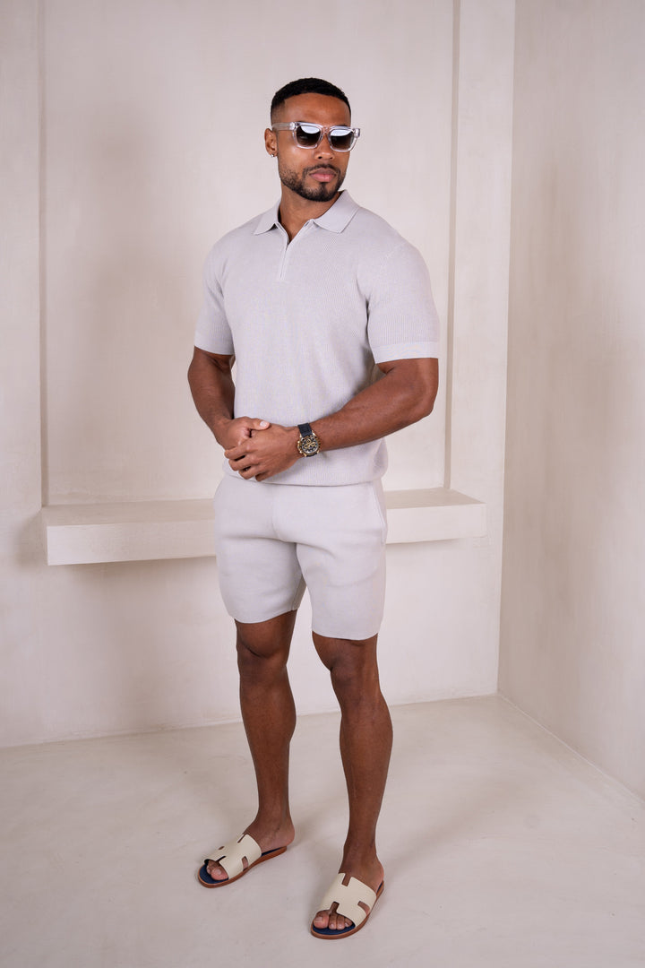 Premium Ribbed Knitted Polo Set - Grey