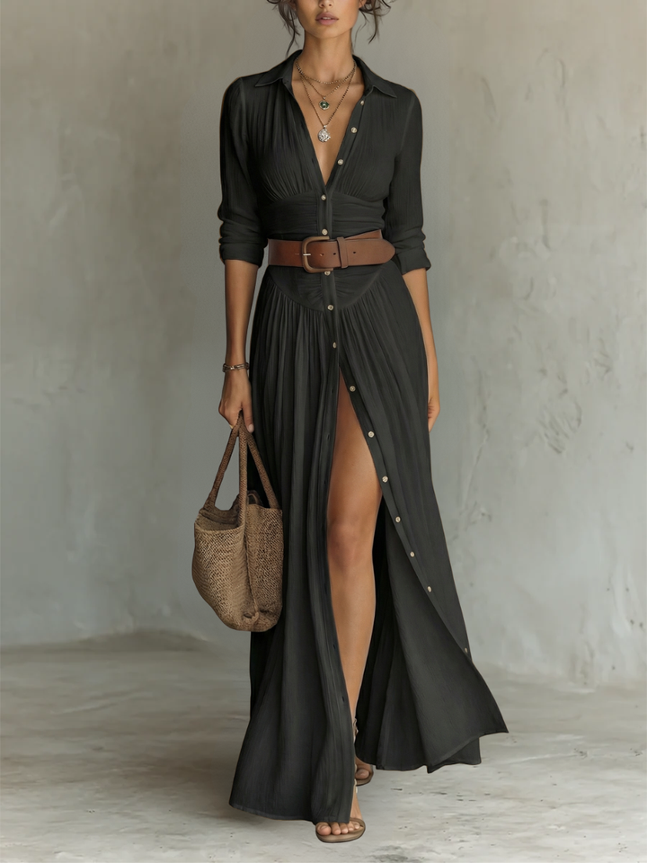 Linen Maxi Dress with Notched Collar and Long Sleeves