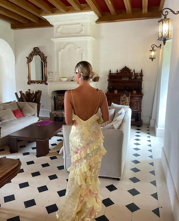 Olivia | Floral Ruffle Open-Back Maxi Dress