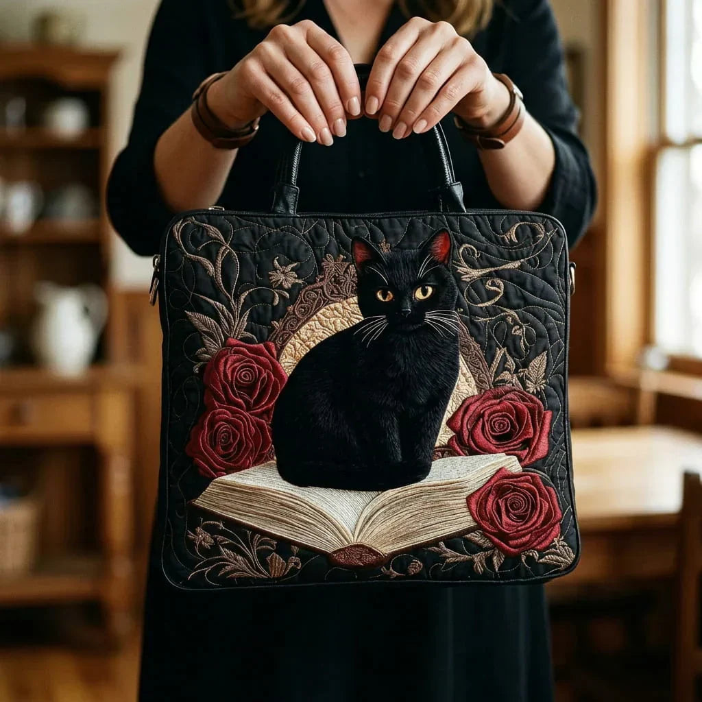 Black Cat on Books - Quilted Tote Bag