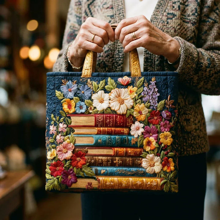 Flowers and Books - Quilted Tote Bag