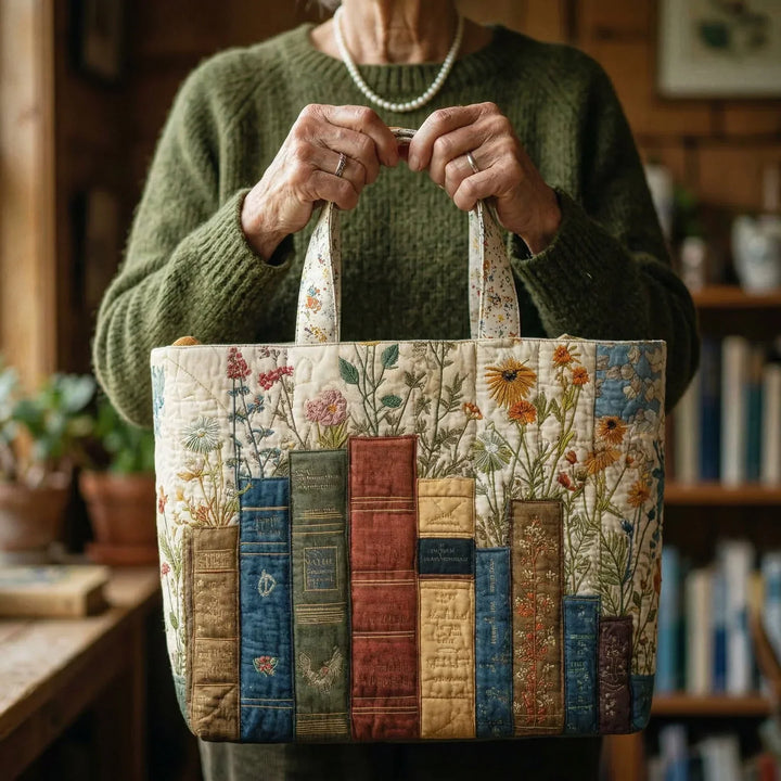 Books and Flowers - Quilted Tote Bag